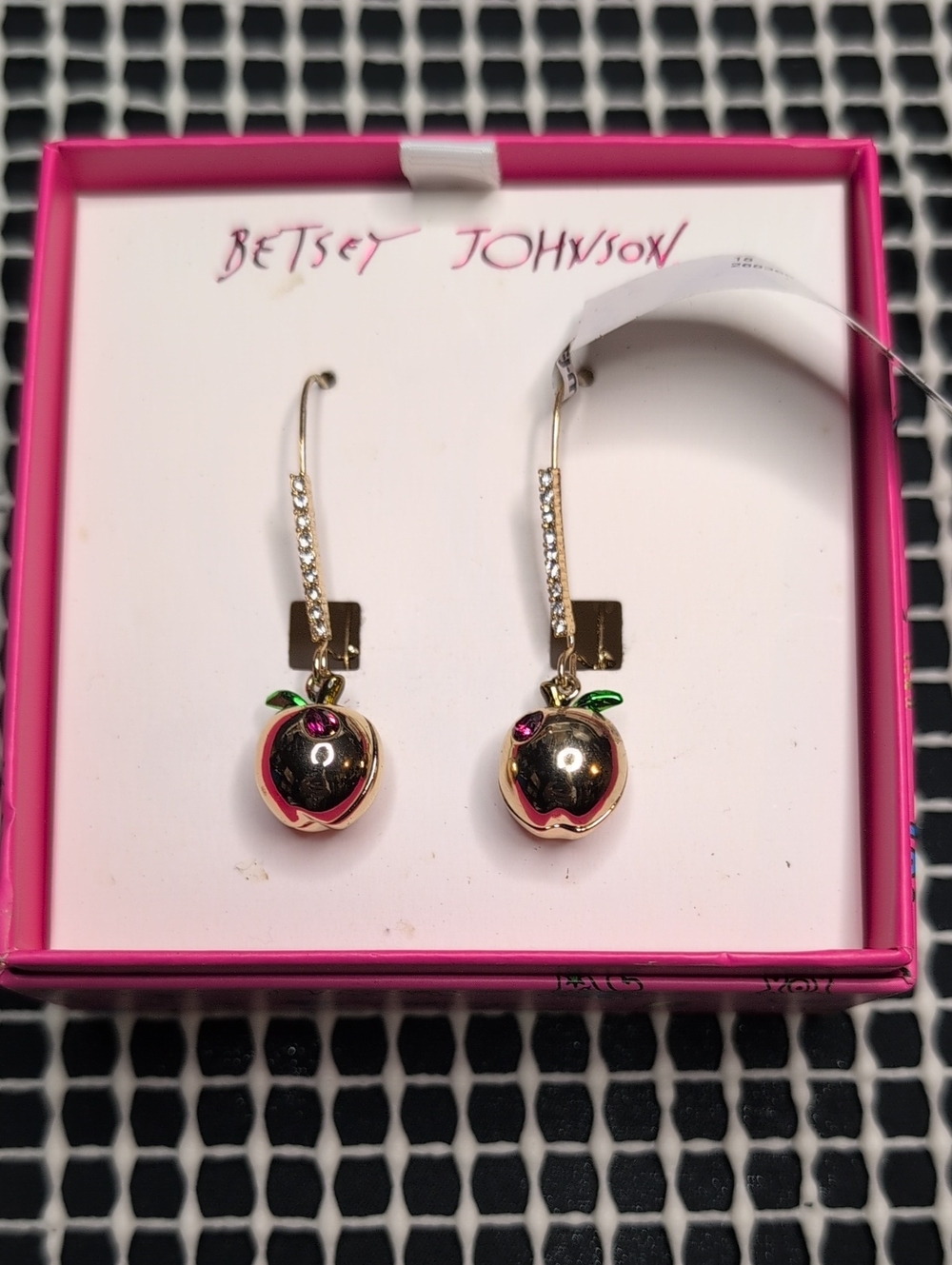 Nwt Betsey Johnson Gold & Pink Apple Dangle Earrings with Green Leaf